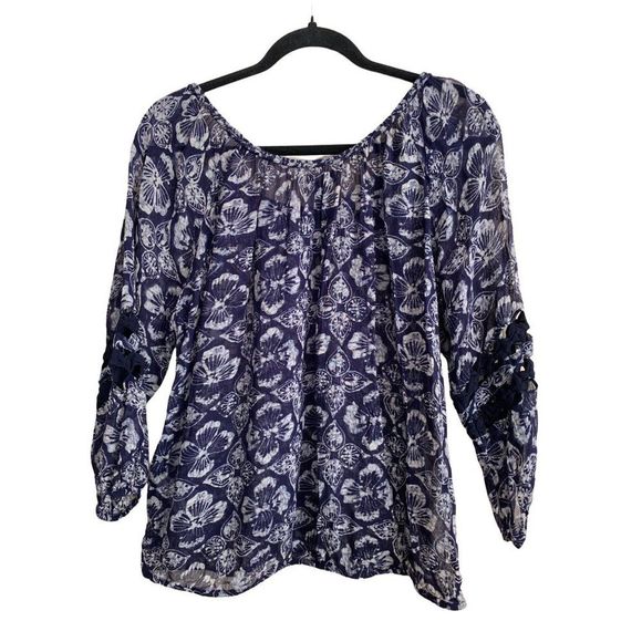Lucky Brand Women's Size Small Estelle Printed Top Boho Sheer Trim Mid Sleeve - Picture 4 of 11